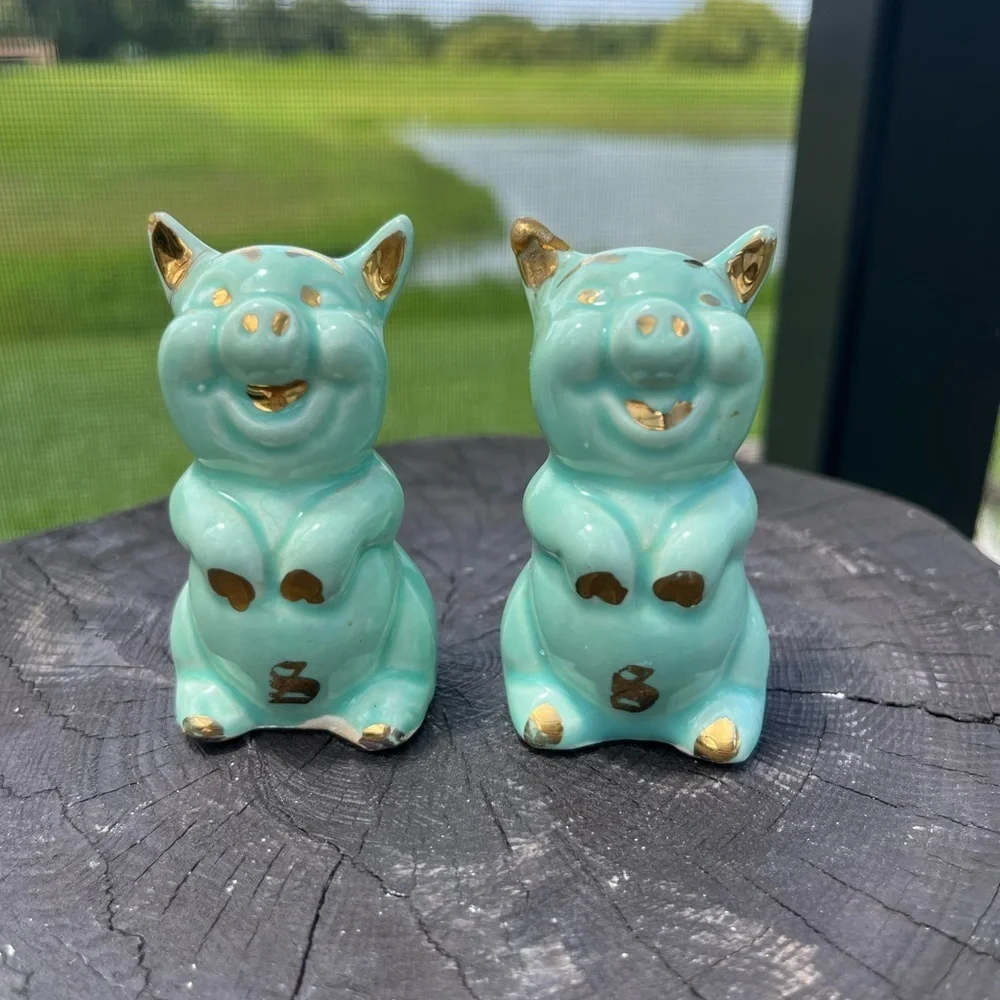 2-Vintage Green Gold Trim Little Pig Salt Shakers - Picture 1 of 12